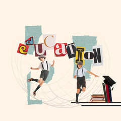 Contemporary collage with happy kids, pupils isolated on light background with cut out letters in magazine style. Childhood, education, studying, back to school concept