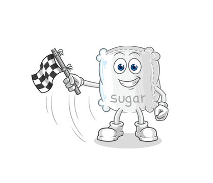 sugar sack hold finish flag. cartoon mascot vector