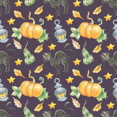 Watercolor seamless halloween pattern with black cat,pumpkins,lantern,stars and oak leaves isolated on violet background.Perfect for children textile,wrapping paper.