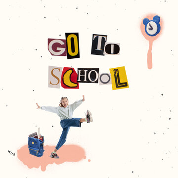 Back to school concept. Creative collage with school age girl isolated on light background with cut out letters in magazine style. Childhood, education, studying