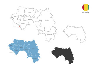 4 style of Guinea map vector illustration have all province and mark the capital city of Guinea. By thin black outline simplicity style and dark shadow style.