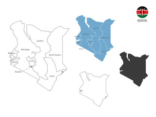 4 style of Kenya map vector illustration have all province and mark the capital city of Kenya. By thin black outline simplicity style and dark shadow style.
