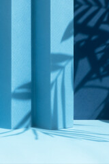 Abstract blue background with shadow of palm leaves for the presentation of a cosmetic product. A...