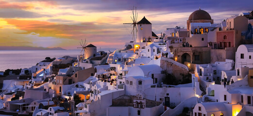 Banner travel in Santorini, Greece. Picture square view of sunset sky scene traditional cycladic...