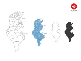 4 style of Tunisia map vector illustration have all province and mark the capital city of Tunisia. By thin black outline simplicity style and dark shadow style. Isolated on white background.