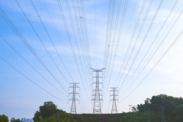 Electricity transmission pylon, high voltage power lines tower. Consumers pay more for electricity every year due to tariff hikes.