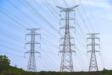 Electricity transmission pylon, high voltage power lines tower. Consumers pay more for electricity every year due to tariff hikes.