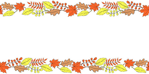 Vector background, frame made of colorful autumn leaves on edges. Horizontal top and bottom edging, border, decoration for seasonal design, thanksgiving theme and happy fall