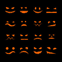 Set of orange halloween pumpkin faces on black background. Icons, holiday masks with eyes and mouths without teeth. Emotion. Vector