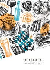 Oktoberfest background. Beer festival wreath in collage style. German food and drinks menu design. Vector meat dishes sketches. German cuisine vintage frame. Oktoberfest party card or invitation - obrazy, fototapety, plakaty