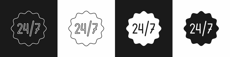 Set Clock 24 hours icon isolated on black and white background. All day cyclic icon. 24 hours service symbol. Vector