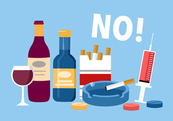 Stop drugs, alcohol, cigarettes concept vector illustration. No bad habits.