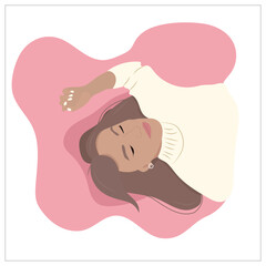 A beautiful girl in a white sweater lies with her eyes closed and her hair loose. Woman is sleeping. Vector illustration of healthy sleep for the tracker of good habits.