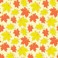 Fototapeta premium Vector bright seamless pattern with falling yellow red orange maple leaves in flat style. Autumn backgrounds and textures.