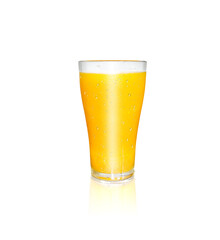 A glass of orange juice has orange pulp mixed on a white background. with reflections of orange glass