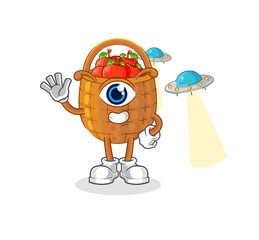 apple basket alien cartoon mascot vector