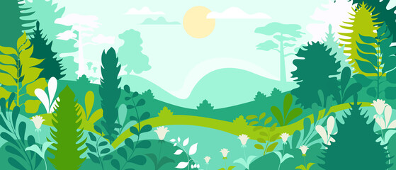 Fototapeta na wymiar Vector poster with a view of a natural landscape with plants and trees. Spring forest.