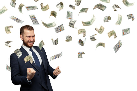 Successful businessman with falling dollar cash money isolated on white background