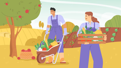Fall harvest. Flat vector illustration with group of people harvesting crops at their farm for sale. Concept of harvesting people.