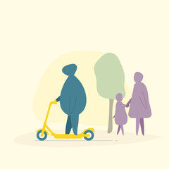 Person riding on kick scooter in park. Women with child in park walking on background. Abstract human drawings. Trendy vector illustration. Abstract bubble rounded characters riding kick scooter.