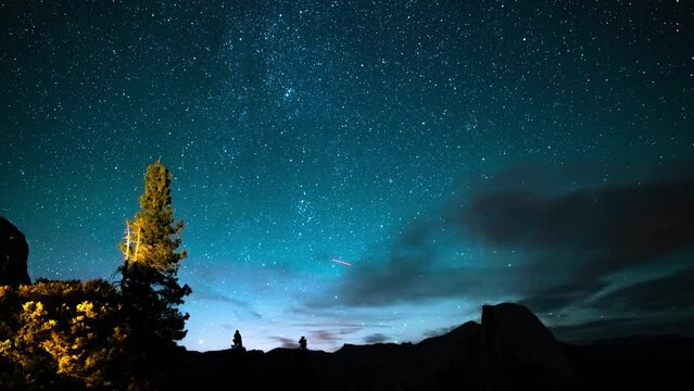 Yosemite National Park Milky Way Galaxy Night to Sunrise Above Glacier Point Half Dome Sierra Nevada Mountains California USA
