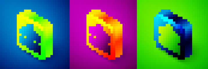 Isometric Masons symbol All-seeing eye of God icon isolated on blue, purple and green background. The eye of Providence in the triangle. Square button. Vector