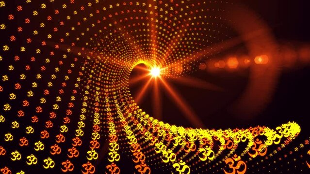 Abstract Religious Motion View Orange Yellow Wavy Twisted Hinduism Omkara Devanagari Symbol Pattern Particles Twinkling Optical Light Flare Background Seamless Loop