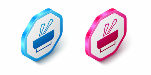 Fototapeta premium Isometric Asian noodles in bowl and chopsticks icon isolated on white background. Street fast food. Korean, Japanese, Chinese food. Hexagon button. Vector