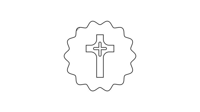 Black line Christian cross icon isolated on white background. Church cross. 4K Video motion graphic animation
