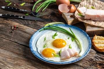 Delicious breakfast or snack bacon, lard fried eggs and toast vertical image