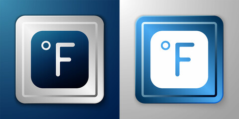 White Fahrenheit icon isolated on blue and grey background. Silver and blue square button. Vector