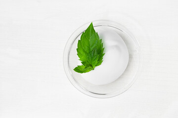 A smear of cosmetic white cream on a white wooden table with green mint leaves. Body lotion, body and skin care product with natural ingredients.