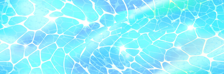 Ocean surface top view horizontal background with sunlight glare reflections, caustic ripples and waves. Clear blue water texture. Bright vector summer time background.