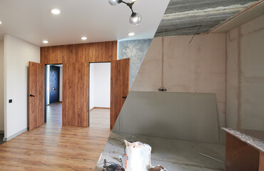 Comparison of old room with building tools and new renovated room. Photo collage of apartment before and after restoration. Concept of home renovation.