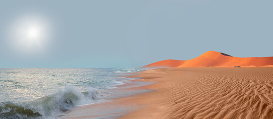 Namib desert with Atlantic ocean meets near Skeleton coast - 
Namibia, South Africa - obrazy, fototapety, plakaty