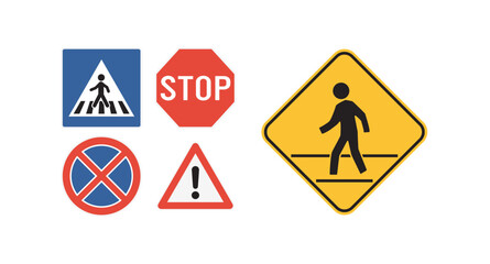 State law stop for pedestrians in crosswalk sign and traffic signs with city road flat vector illustration.