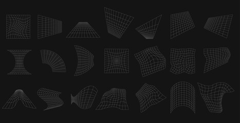 Geometric grids set. White lattice shapes with warp and distortion digital ornament for design and web vector presentation - obrazy, fototapety, plakaty