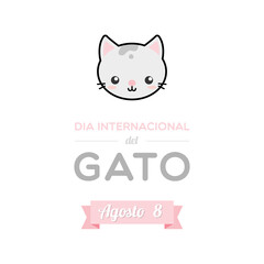 International Cat Day. August 8. Spanish. Dia internacional del gato. Agosto 8. Cat face filled icon. Vector illustration, flat design