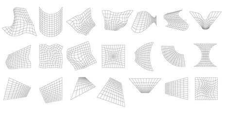 Geometric grids on white surface set. Abstract lattice shapes with warp and distortion digital ornament for design and web vector presentation