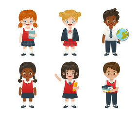 Set of adorable school children in uniform. Happy diverse cartoon students bundle. Cute pupils collection.