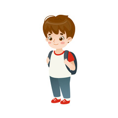 Cute little school boy with backpack. Cartoon plump student. Adorable pupil in usual clothes.