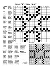 Fototapeta premium Fill in the blanks crossword puzzle with american style grid of 21x21 size, 70 blocks, 110 words, one letter revealed. Answer included. 