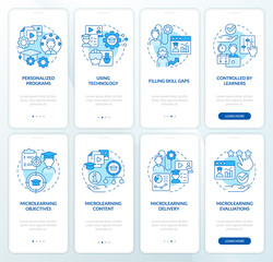 Microlearning-based training blue onboarding mobile app screen set. Walkthrough 4 steps editable graphic instructions with linear concepts. UI, UX, GUI template. Myriad Pro-Bold, Regular fonts used