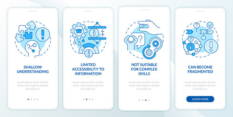 Microlearning drawbacks blue onboarding mobile app screen. Walkthrough 4 steps editable graphic instructions with linear concepts. UI, UX, GUI template. Myriad Pro-Bold, Regular fonts used