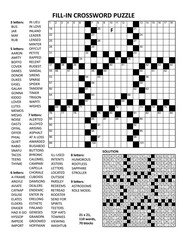 Fototapeta premium Fill in the blanks crossword puzzle with american style grid of 21x21 size, 70 blocks, 110 words, one letter revealed. Answer included. 