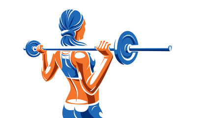 Push the barbell gym and fitness vector illustration of a young attractive woman doing workout exercises with a barbell, perfect muscular athletic body young adult girl sport training.