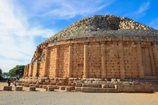 Aerial View to the Ruins of the Royal Mausoleum of Mauretania, funerary  Numidian monument in Tipaza Province, Algeria