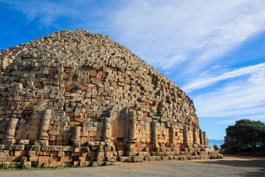 Aerial View to the Ruins of the Royal Mausoleum of Mauretania, funerary  Numidian monument in Tipaza Province, Algeria