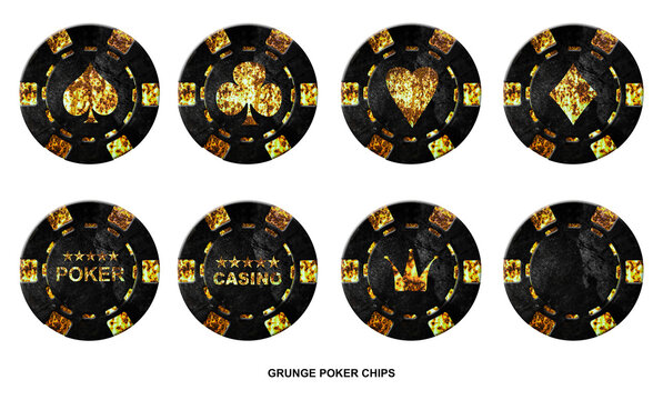 Set vintage, grunge poker chip, isolated on white background. Different suits. Design element. Gambling
