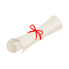 Diploma scroll with red bow on isolated white background Rolled paper Vector illustration